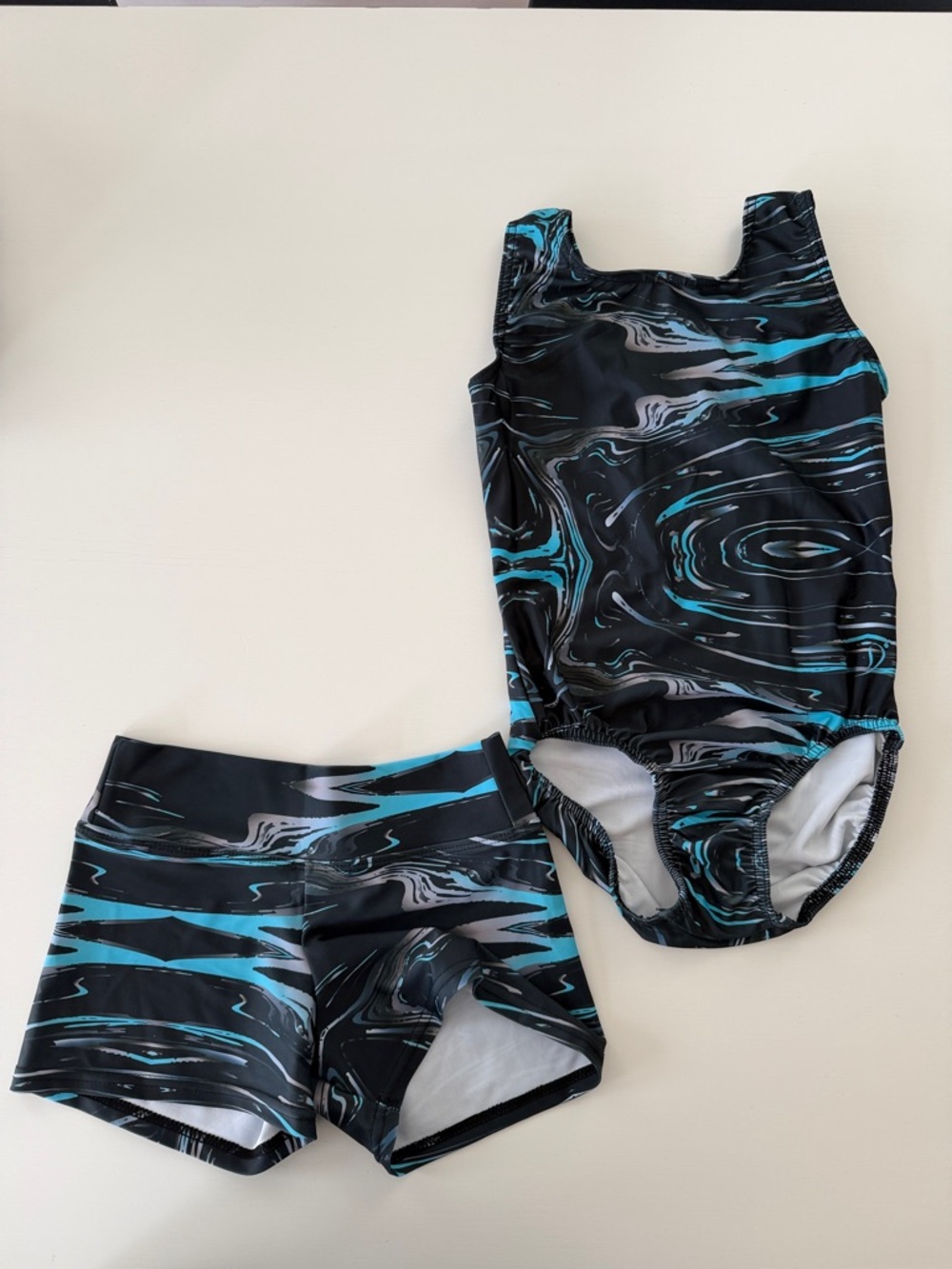 Girls Black & Teal Swirl Tank Leotard and Shorts Set